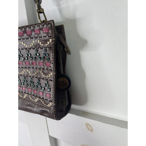 The SAK Crossbody Leather Boho Purse Bag Aztec Tribal Print Pattern Dark Brown - Picture 3 of 9